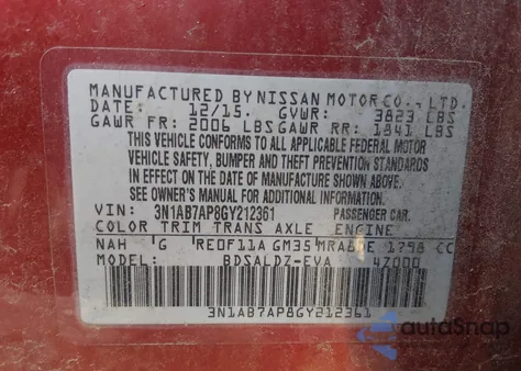 2016 Nissan Sentra Sv from USA, damaged, VIN 3N1AB7AP8GY212361